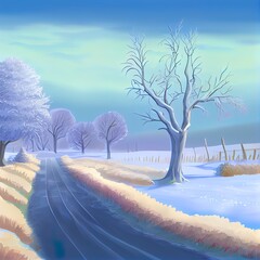 Poster - Frozen trees and road in a field