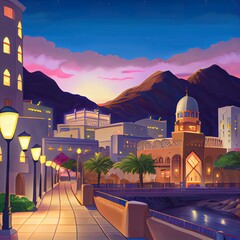 Canvas Print - Illuminated buildings during an evening in Muscat, Oman with beautiful sky in the background