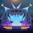 Concert stage with screen illuminated by spotlights. 2d illustrated cartoon illustration of empty scene for rock festival, show, performance or presentation. Podium stage with truss, music and light