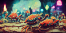 Digital Painting Crabs Partying At A Rave Because Humans Have Gone Extinct Illustration.