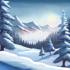 Sticker - Winter natural landscape of snow covered trees in the mountains.