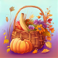 Sticker - autumn composition with pumpkin and dry flowers in basket fall seasonal natural background symbol of Autumn harvest, Thanksgiving, Mabon sabbat and Halloween holiday High quality photo , anime style