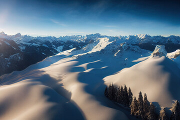 Wall Mural - Snow covered mountain aerial view from drone showing spectacular alpine landscape of winter mountain in Switzerland