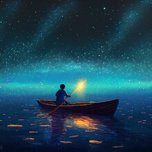 Boy Rowing A Boat In The Sea Of The Starry Night With Mysterious Light, Digital Art Style, Illustration Painting