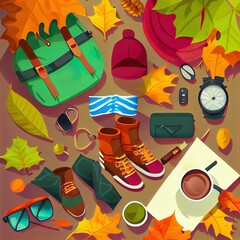 Poster - Concept of Autumn, Autumn composition accessories, top view , anime style