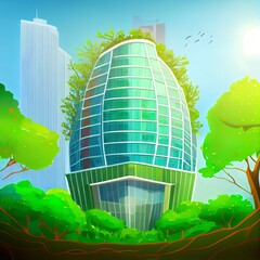 Wall Mural - selective focus on tree and eco friendly building with vertical garden in modern city. green tree fo