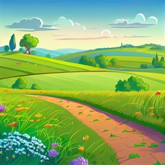 Poster - Rural landscape with green agriculture fields, path and bushes with flowers. 2d illustrated cartoon panoramic illustration of summer countryside with pastures, grass and farmland