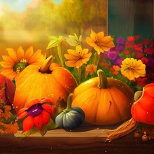 Rustic Autumn Still Life Colorful Autumn Flowers, Pumpkins, Pattypan Squashes On Burlap On Wooden Table Seasons Greeting Card, Space For Text Happy Thanksgiving! Harvest Time In Countryside , Anime St