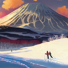 Skiers Seeing A Snowy Volcano In Late Afternoon (Niseko, Hokkaido, Japan)