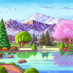 Canvas Print - A view of botanical garden with lake in winter season, and the beautiful mountain range in the background in the city of Srinagar, Kashmir, India