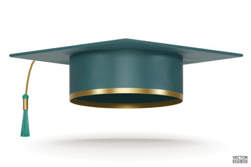 Canvas Print - 3D realistic green Graduation university or college cap isolated on white background. Graduate college, high school, Academic. Green Hat for degree ceremony. 3D vector illustration.