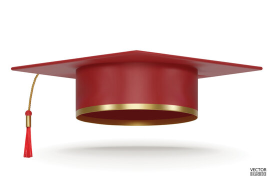 3D realistic Graduation university or college red cap isolated on white background. Graduate college, high school, Academic, or university cap. Hat for degree ceremony. 3D vector illustration.