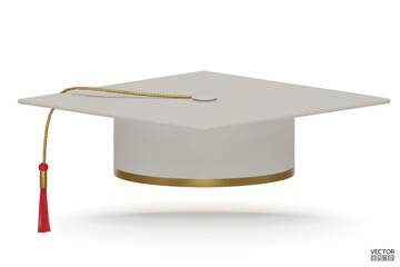 Canvas Print - 3D realistic Graduation university or college white cap isolated on white background. Graduate college, high school, Academic, or university cap. Hat for degree ceremony. 3D vector illustration.