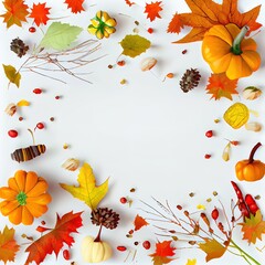 Poster - Autumn composition Dried leaves, pumpkins, flowers, rowan berries on white background Autumn, fall, halloween, thanksgiving day concept Flat lay, top view, copy space High quality photo , anime style