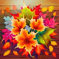 Sticker - Bouquet of autumn colorful maple leaves on wooden background Autumn compositionTop view, flat lay , anime style