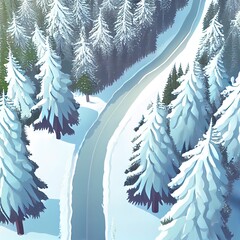 Poster - Aerial view of the road in the winter forest with high pine or spruce trees covered by snow. Driving in winter. Natural winter landscape from air. Forest under snow a the winter time.