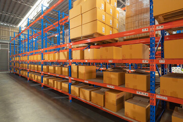 Interior of large warehouse retail store industry. Rack of furniture and home accessories stock storage. Interior of cargo in ecommerce and logistic concept. Depot