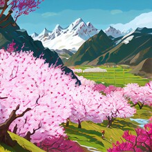 Natural Landscape Of Peach Blossom Snow Mountain In Spring In Linzhi Area, Tibet, China