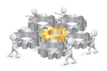 Wall Mural - 3D small white people working with gears gold and silver metals concept of co-working friendship partners and unity teamwork vector background template