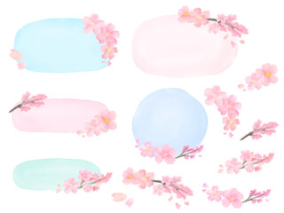Wall Mural - Cherry blossoms(sakura) and petals Cute and simple Hand-drawn watercolor illustration set / 桜と花びらのあしらい かわいくてシンプルな手描き水彩イラストセット
