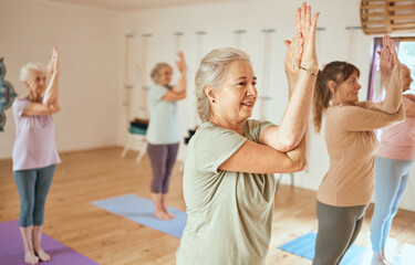 pilates, wellness and group of senior women doing a mind, body and spiritual exercise in studio. hea