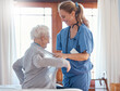 © David L/peopleimages.com - Nurse, healthcare and senior woman in nursing home with physician helping her dress up. Disability, rehabilitation and female medical worker with retired patient in home with care, empathy or support