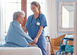 © David L/peopleimages.com - Retirement, healthcare and old woman with nurse in bedroom for support, rehabilitation and disability. Help, medical and consulting with caregiver and elderly patient in nursing home for therapy