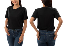 Young Woman In Black T Shirt Mockup Isolated On White Background With Clipping Path.