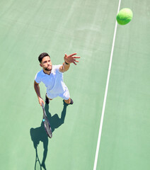 Wall Mural - Top view, tennis player and serving ball on tennis court fitness game, workout match or competition exercise. Sports athlete, man and throwing tennis ball in energy cardio training or health wellness