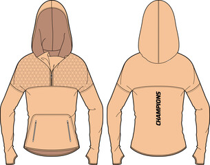 Women Running shell Hoodie jacket sweatshirt design template in vector, girls Hooded jacket sweater with front and back view, hooded winter jacket for ladies to ski and workout in winter