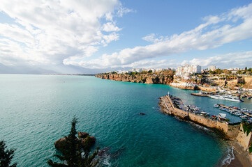 Wall Mural - Landscape with sea marina and buildings on cliff. Antalya Turkey.