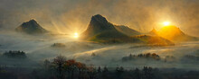 Sun Rising Over A Misty Mountain Landscape