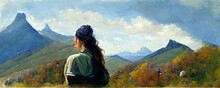 Young Woman Observing Mountain Landscape