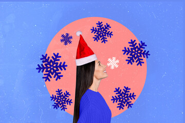 Sticker - Collage 3d image of pinup pop retro sketch of dreamy smiling lady enjoying xmas weather isolated painting background