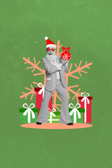 Poster - Creative retro 3d magazine image of funny funky grandfather preparing xmas presents isolated painting background