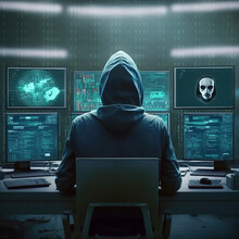 Anonymous Hooded Figure Working At A Computer Station.