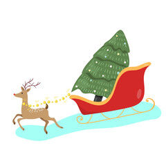 
Christmas reindeer with sleigh and Christmas tree