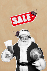 Wall Mural - Exclusive magazine picture sketch collage image of smiling santa buying xmas world tour isolated painting background