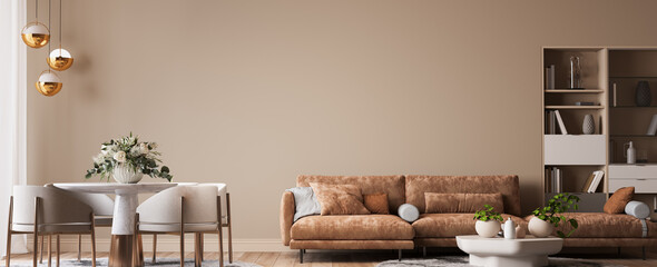 Poster - luxury living room design, bright beige interior apartment, panorama, 3d render