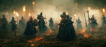 Medieval Soldiers Hunting Witch. Fantasy Scenary. Witch Hunter. Historical