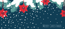 Hanging Christmas Star Poinsettia, Fir Branches Under The Snow, Falling White Snow. Vector Illustration Isolated On A Dark Blue Background. All Elements On Different Layers.