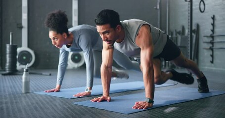 Canvas Print - Couple, fitness and gym workout of training friends together for a core strength exercise for abs. Strong, sports and athlete wellness cardio of people doing a sport in a health club or studio