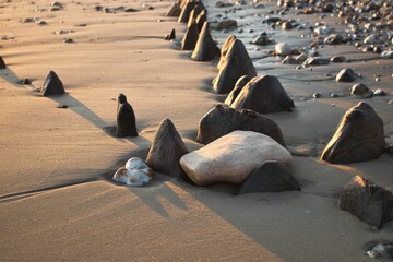 Close-up shot of big rocks on a wet sandy beach