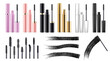 Set of mascara tubes, eyelash brushes and black brush strokes, isolated on white background. Mockups for advertising or magazine page, cosmetic object, beauty concept. Realistic 3d vector.