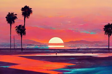 Wall Mural - Beach Palm and sunset. Retrowave. Synthwave