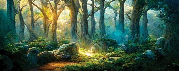 Wall Mural - beautiful forest path in morning, sunlight filtering down through the trees, digital horizontal illu