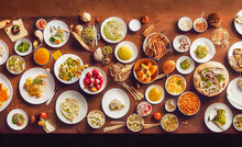Table Filled With Various Types Of Food, Generative AI Illustration