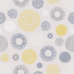 Wall Mural - Hand drawn doodle children circle seamless pattern. Doodle style abstracrt textured scribble, stripped, dot circle element pattern. Boho color background. Vector illustration