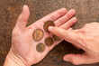 A numismatist examines collectible coins in his hands. Numismatics.