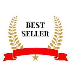 Wall Mural - best seller golden laurel wreath with star, red ribbon and black text. vector quality badge, emblem,